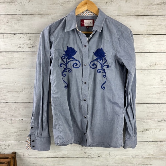 Retta WW Snap Button Shirt Womens Medium Blue‎ Floral Embroidered Western Rodeo - Picture 1 of 12